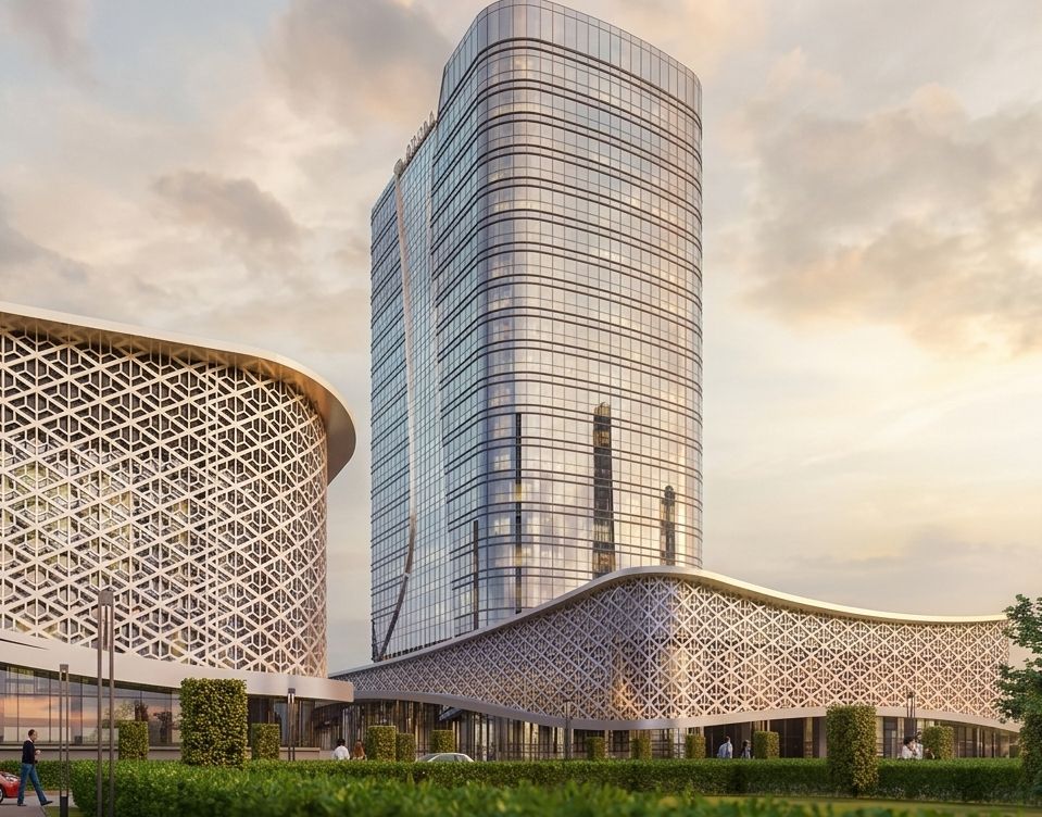 Башня Tashkent City и здание с геометрическим фасадом