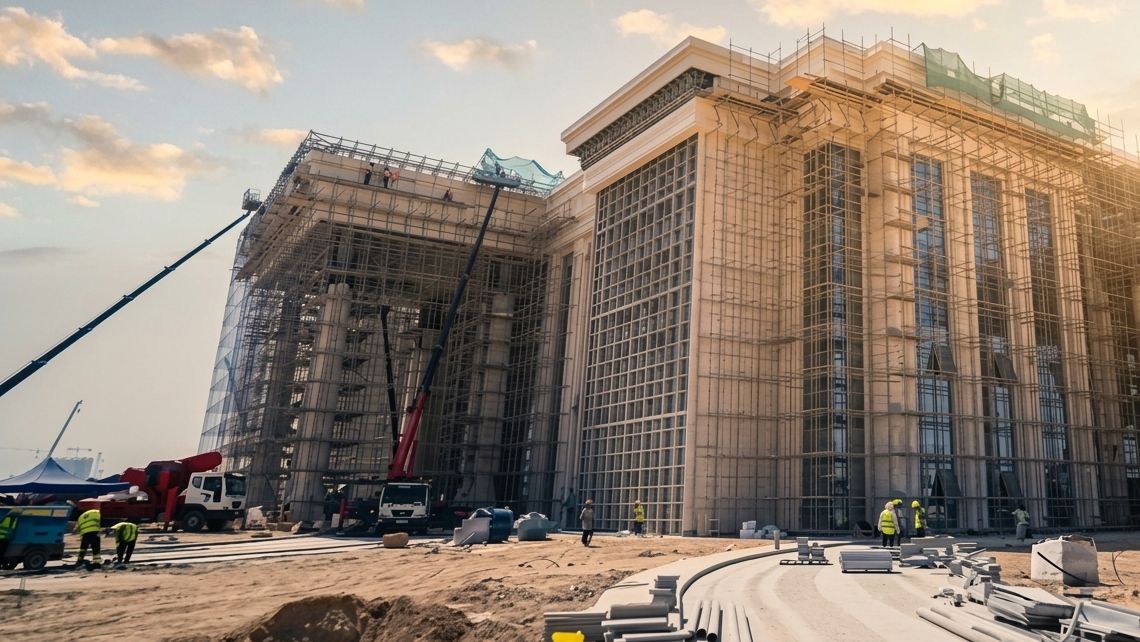 Фасад библиотеки в лесах, общий вид площадки