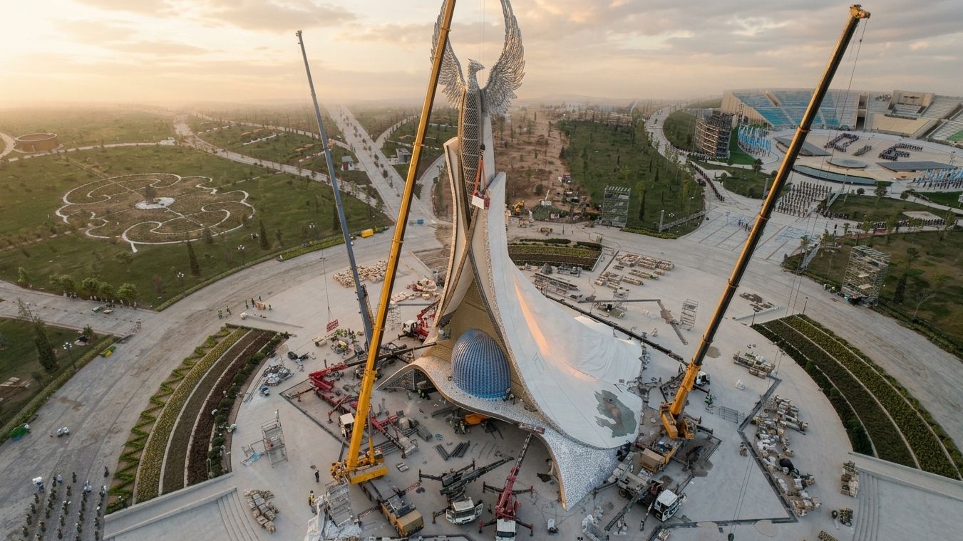 Монтаж монумента: краны вокруг крылатой скульптуры